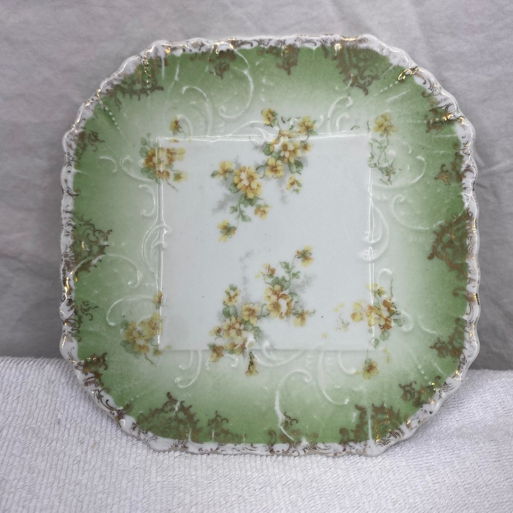 Karlsbad Austria Antique Porcelain Square Plate Green Gold Floral Scalloped 6"